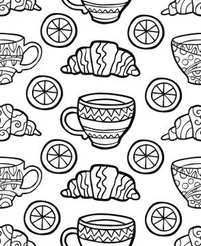 Seamless pattern with cup, croissant and lemon on white background Stock Illustration