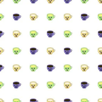 Seamless pattern with cup emoticons on white background. Kawaii doodle cups Illustrazione stock