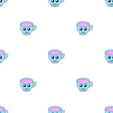 Seamless pattern with cup emoticons on white background. Kawaii doodle cups Stock Illustration
