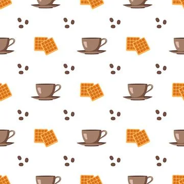 Seamless pattern with cup, saucer, coffee beans and waffle Illustrazione stock