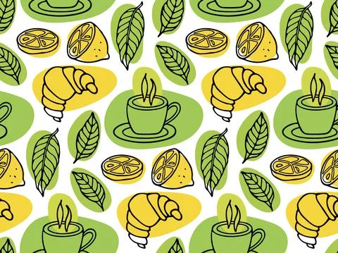 Seamless pattern with Cup of tea, leaves, lemon, croissant linear sketch. Hot Illustrazione stock