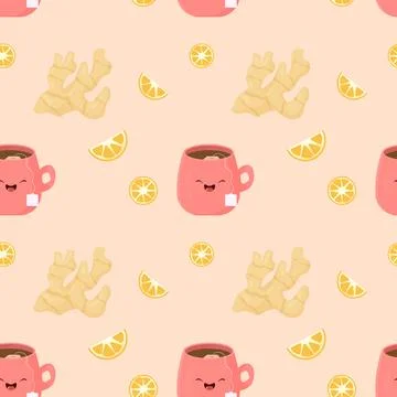 Seamless pattern cup of tea with lemon and ginger. Stock Illustration