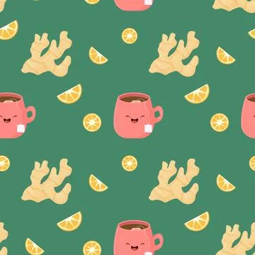Seamless pattern cup of tea with lemon and ginger. Stock Illustration
