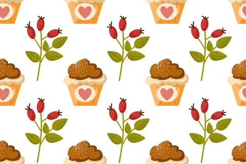 Seamless pattern with cupcake and autumn leaves with berries. Stock Illustration