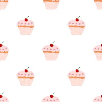 Seamless pattern with cupcake and cherry on white background. Sweet food. Vector Stock Illustration