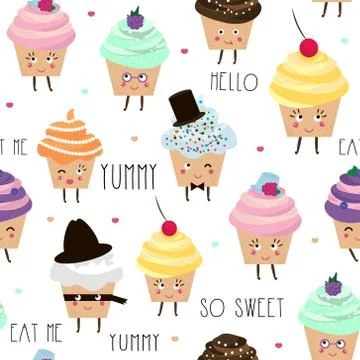 Seamless pattern with cupcake characters isolated. Cute baby and kids backg.. Stock Illustration