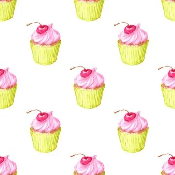 Seamless pattern, Cupcake with cherries. Stock Illustration