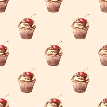 Seamless pattern, Cupcake with cherries. Stock Illustration