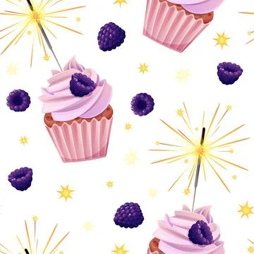 Seamless pattern with cupcake decorated with cream, blackberries and sparkl.. Stock Illustration