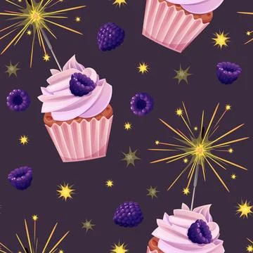 Seamless pattern with cupcake decorated with cream, blackberries and sparkl.. Illustrazione stock