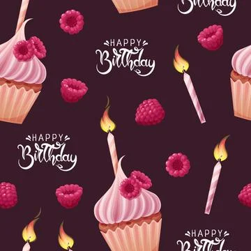 Seamless pattern with cupcake decorated with cream, raspberries and a festi.. 스톡 일러스트