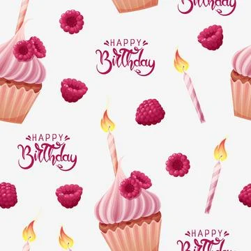 Seamless pattern with cupcake decorated with cream, raspberries and a festi.. Stock Illustration