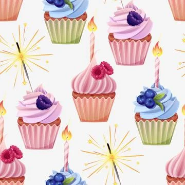 Seamless pattern with cupcake decorated with cream, blackberries, blueberri.. Stock Illustration