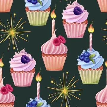 Seamless pattern with cupcake decorated with cream, blackberries, blueberri.. Stock Illustration