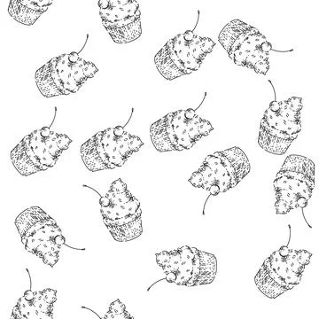 Seamless pattern cupcake sketch hand drawn Stock Illustration