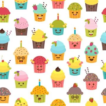 Seamless pattern with cupcakes and muffins. Birthday background. Kawaii cup.. Illustrazione stock