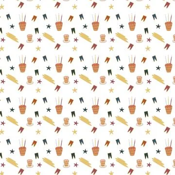 Seamless pattern with cupcakes, cakes, candles and flags. Hand drawn style. V Stock Illustration