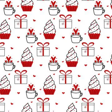 Seamless pattern with cupcakes coffee and gifts. Stock Illustration