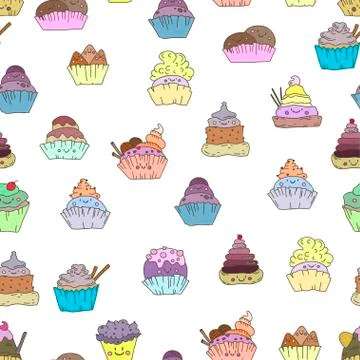 Seamless pattern of cupcakes with cute faces. Stock Illustration