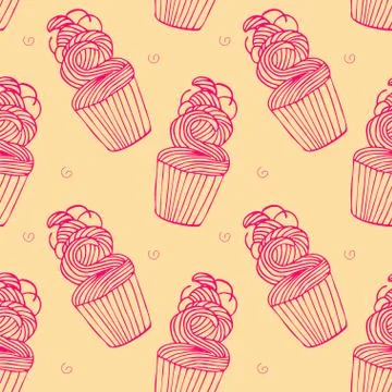 Seamless pattern with cupcakes in hand drawn retro style. Vector. Stock Illustration