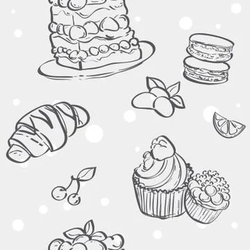 Seamless pattern with cupcakes image, croissant and flan Stock Illustration