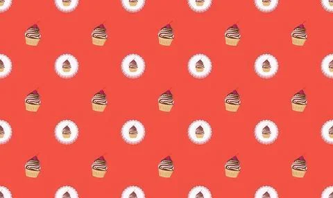 Seamless pattern of cupcakes on a red background Stock Illustration