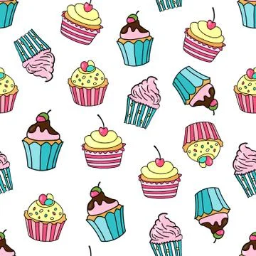 Seamless pattern with cupcakes on a white background. Sweet cakes decorated w Stock Illustration
