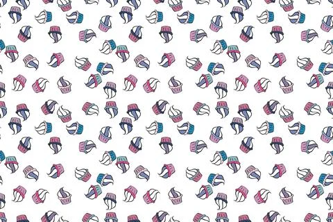 Seamless pattern of cupcakes on a white, blue and black background. Raster illus Stock Illustration