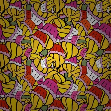 Seamless pattern of cupcakes on a yellow, black and neutral background. Vector i Stock Illustration