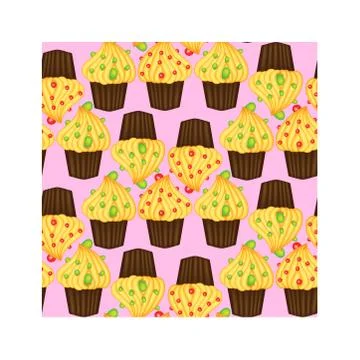 Seamless pattern of cupcakes with yellow cream, sweets, baked goods Illustrazione stock