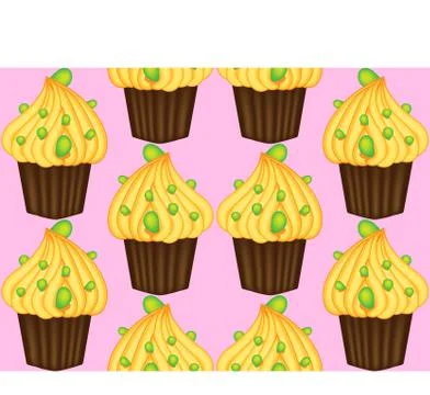 Seamless pattern of cupcakes with yellow cream, sweets, baked goods 스톡 일러스트