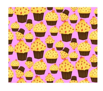 Seamless pattern of cupcakes with yellow cream, sweets, baked goods 스톡 일러스트