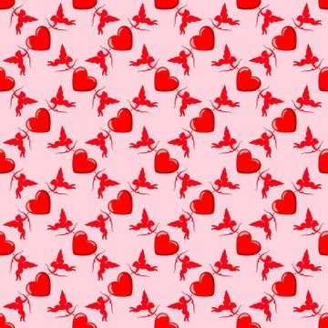 Seamless Pattern of Cupid and Red Hearts on Pink Background Stock Illustration