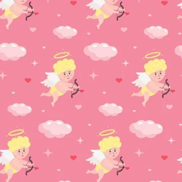 Seamless pattern with cupid baby, clouds, hearts and stars on pink background Stockillustratie
