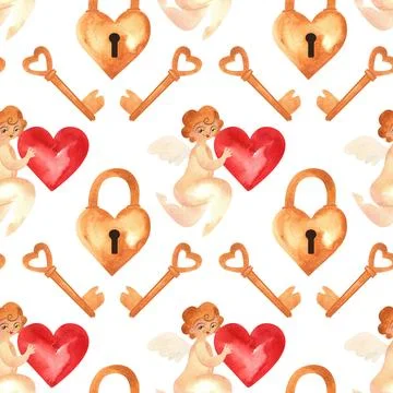 Seamless pattern with cupids, heart-shaped locks and keys. Watercolor Stock Illustration