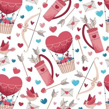 Seamless Pattern With Cupid's Quiver, Arrow, Bow And Hot Air Balloon In Fla.. Stock Illustration