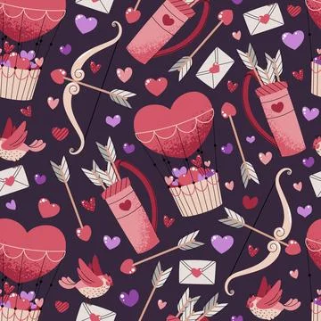 Seamless Pattern With Cupid's Quiver, Arrow, Bow And Hot Air Balloon In Fla.. 스톡 일러스트