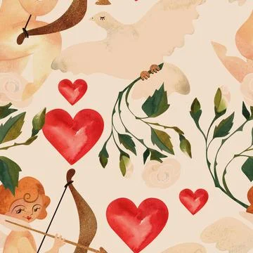 Seamless pattern with cupids, white doves, roses and hearts. Watercolor Stock Illustration