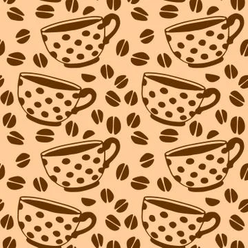 Seamless pattern with cups and grains of coffee. Hand drawn simple kitchen su Stock Illustration