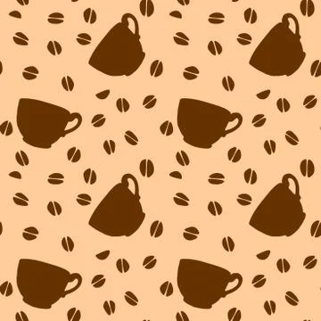 Seamless pattern with cups and grains of coffee. Hand drawn simple kitchen su Stock Illustration