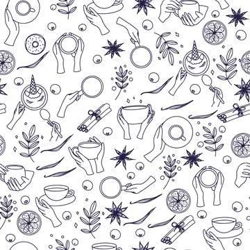 Seamless pattern with cups, hands, ingredients: orange slice, star anice, lea Stock Illustration