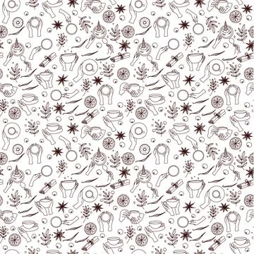 Seamless pattern with cups, hands, ingredients: orange slice, star anice, lea Stock Illustration