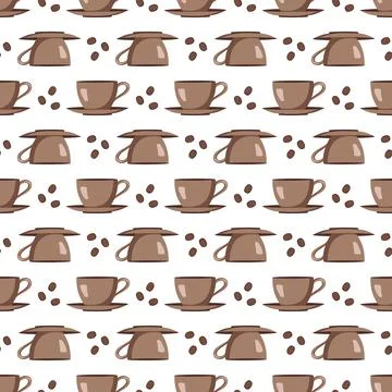 Seamless pattern with cups, saucers and coffee beans. イラスト素材