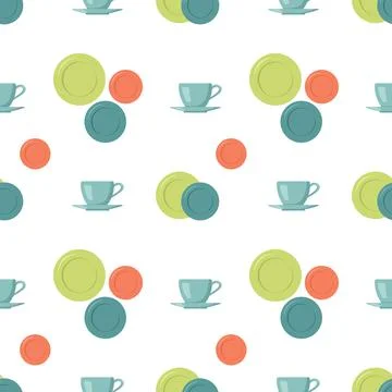 Seamless pattern with cups, saucers and plates Stock Illustration