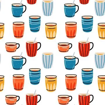 Seamless pattern with cups for tea and coffee, juices. Background with crockery Stock Illustration