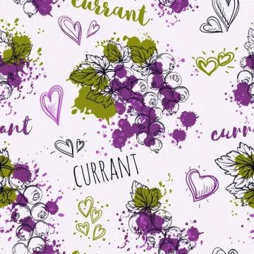 Seamless pattern with currant and splashes in watercolor style. Stock Illustration
