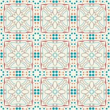 Seamless pattern of curved lines, spots and hexagons Stock Illustration