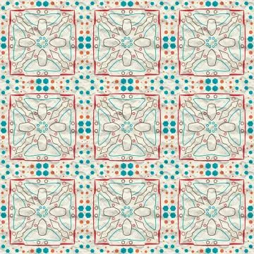 Seamless pattern of curved lines, spots and hexagons on a crumpled paper. Stock Illustration