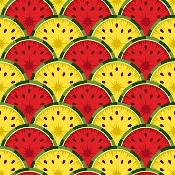 Seamless pattern with cut red and yellow watermelon. Stock Illustration