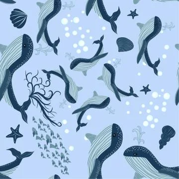 Seamless Pattern cute adorable beach funny theme, ocean blue whale,jelly fish 스톡 일러스트